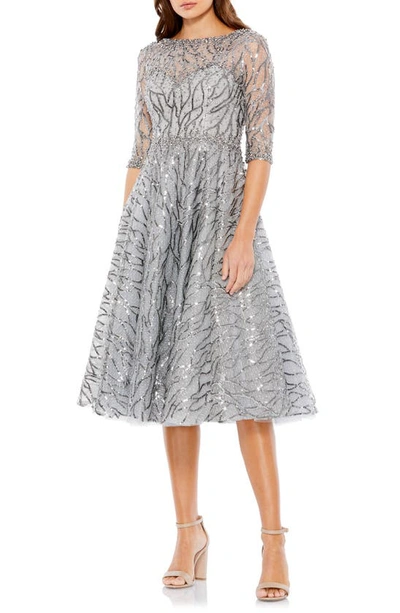 Shop Mac Duggal Sequin Embellished Midi Dress In Platinum