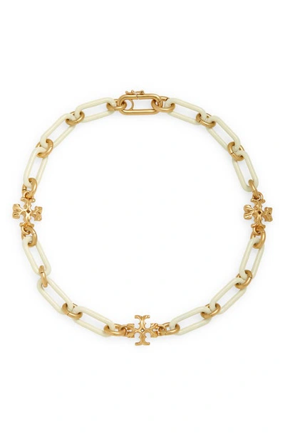 Shop Tory Burch Roxanne Double-t Station Necklace In Rolled Tory Gold / New Ivory