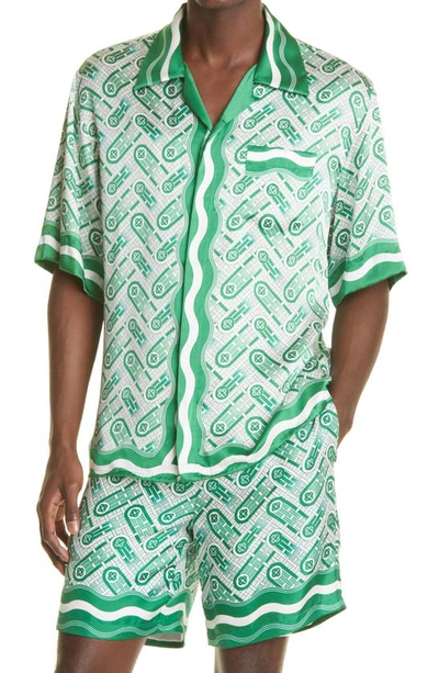 Shop Casablanca Short Sleeve Silk Button-up Shirt In Green Ping Pong Monogram