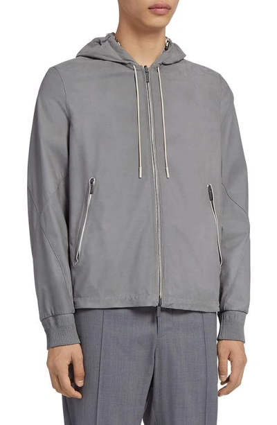 Shop Zegna Reversible Calfskin Nappa & Technical Zip Hooded Jacket In Dk Gry Sld