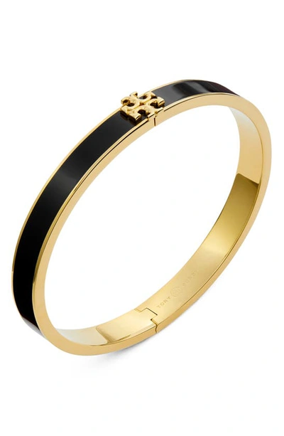 Tory Burch Kira Enamel Hinge Bracelet In Tory Gold / Black
