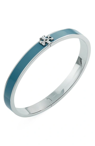Tory Burch Kira Enamel Hinge Bracelet In Tory Silver / Lanai Blue