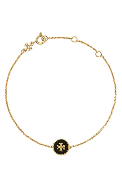 Shop Tory Burch Kira Enamel Pendant Chain Bracelet In Tory Gold / Black