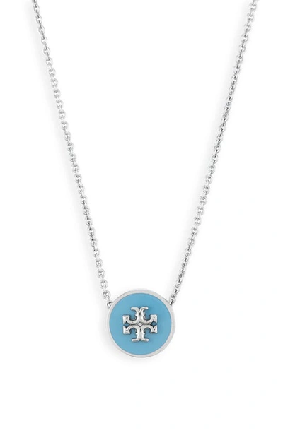Shop Tory Burch Kira Enamel Pendant Necklace In Tory Silver/ Lanai Blue