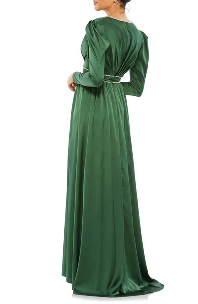 Shop Mac Duggal Crystal Detail Satin Empire Waist Long Sleeve Gown In Emerald