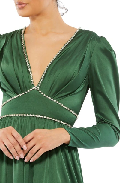 Shop Mac Duggal Crystal Detail Satin Empire Waist Long Sleeve Gown In Emerald