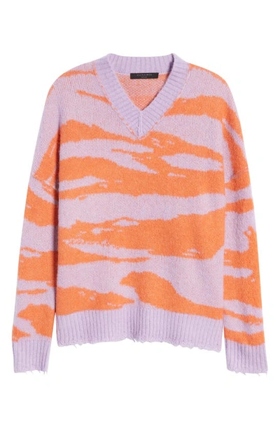 Shop Allsaints Tiga Abstract Stripe V-neck Sweater In Lilac/ Orange