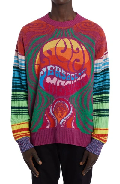 Shop Versace Love Medusa Oversize Crewneck Sweater In Orange Multicolor