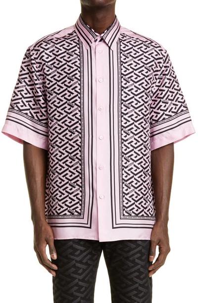 Shop Versace La Greca Print Short Sleeve Silk Button-up Shirt In Candy Black