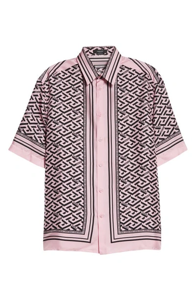 Shop Versace La Greca Print Short Sleeve Silk Button-up Shirt In Candy Black