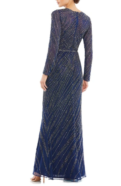 Shop Mac Duggal Beaded Long Sleeve Tulle Column Gown In Midnight