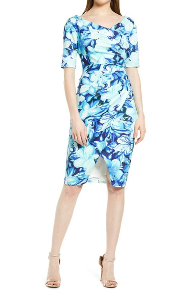 Shop Tadashi Shoji Floral Body-con Dress In Blue/ Floral