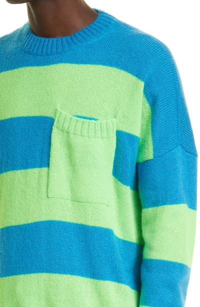 Shop Jw Anderson Oversize Stripe Pocket Crewneck Sweater In Blue/ Green
