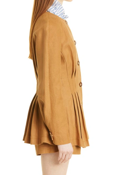 Shop Veronica Beard Brio Pleat Peplum Linen Jacket In Camel