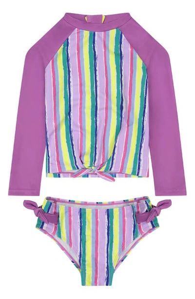 Shop Andy & Evan Kids' Stripe Long Sleeve Two-piece Rashguard Swimsuit In Purple Stripe