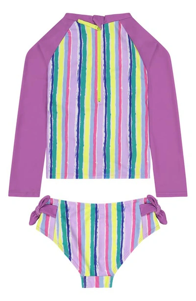 Shop Andy & Evan Kids' Stripe Long Sleeve Two-piece Rashguard Swimsuit In Purple Stripe