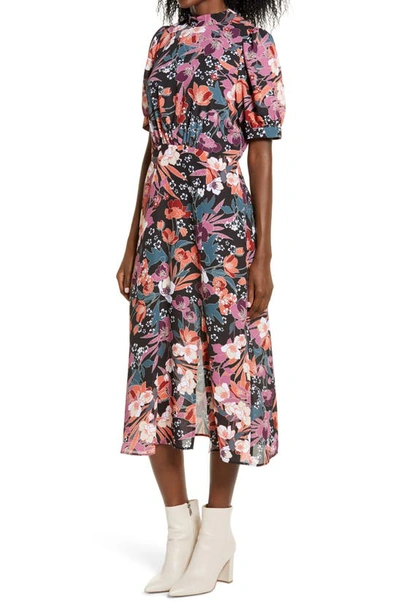 Julia Jordan Floral Puff Sleeve Midi Dress In Black/mult