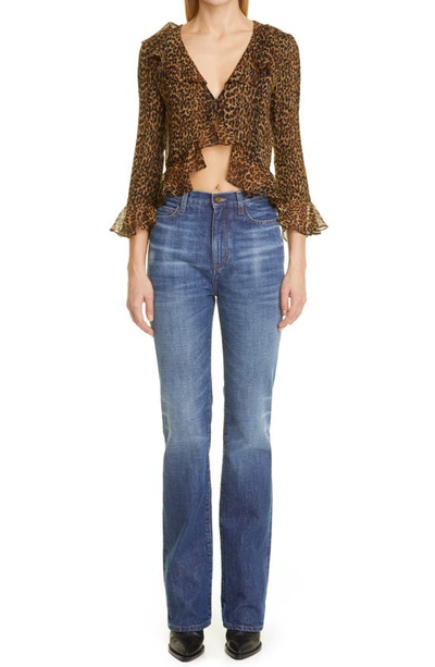 Shop Saint Laurent Leopard Print Wool Ruffle Blouse