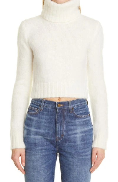 Shop Saint Laurent Saint Lauren Crop Mohair Blend Crop Turtleneck Sweater In White