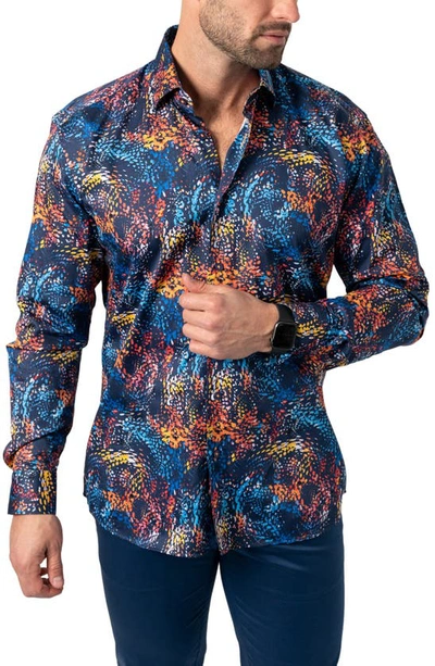 Shop Maceoo Fibonacci Paintsplash Regular Fit Print Button-up Shirt In Blue