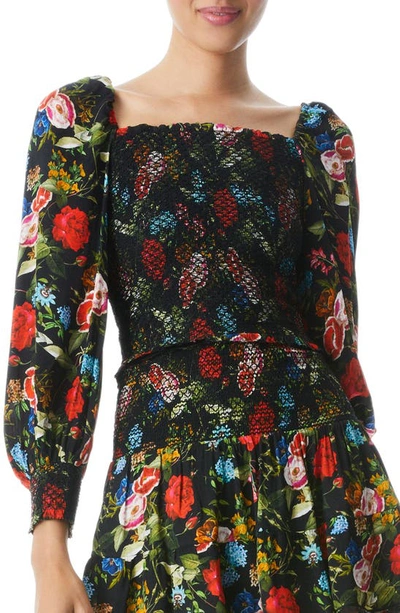 Shop Alice And Olivia Cooper Floral Smocked Bodice Top In Wild And Free