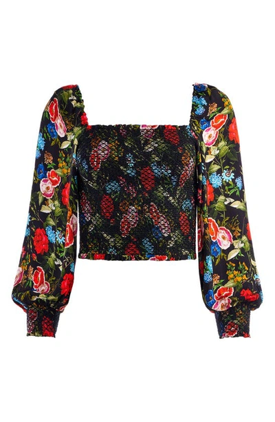 Shop Alice And Olivia Cooper Floral Smocked Bodice Top In Wild And Free