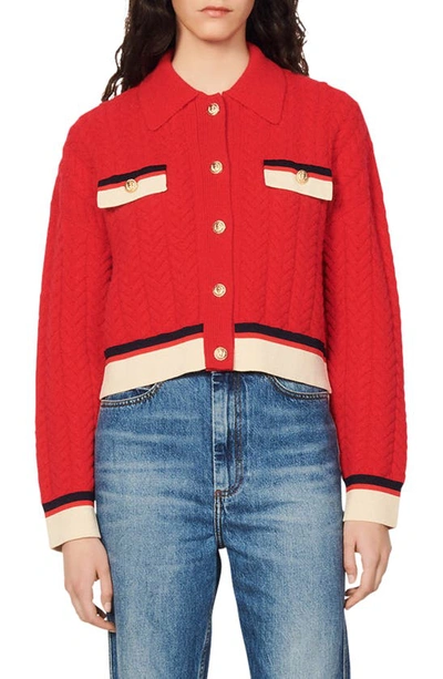 Shop Sandro Idriss Colorblock Cable Knit Wool Cardigan In Red