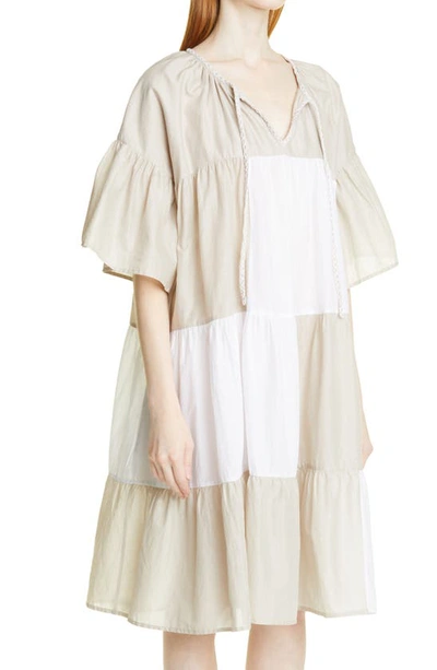 Shop Merlette Nes Tiered Patchwork Voile Dress In Dove/ White