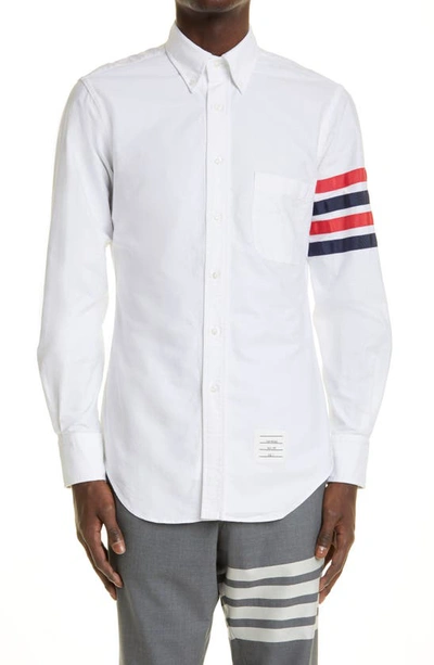 Shop Thom Browne Classic Fit Button-down Shirt With Appliqué In White