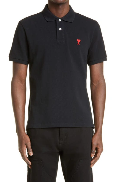 Shop Ami Alexandre Mattiussi Ami De Coeur Embroidered Organic Cotton Piqué Polo In Black