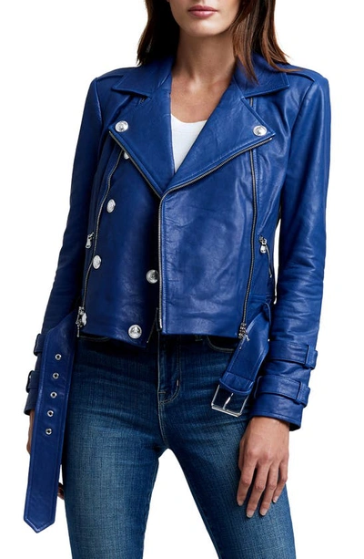 Shop L Agence Billie Belted Leather Moto Jacket In Pacific Blue