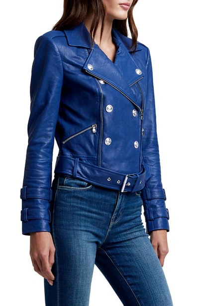 Shop L Agence Billie Belted Leather Moto Jacket In Pacific Blue