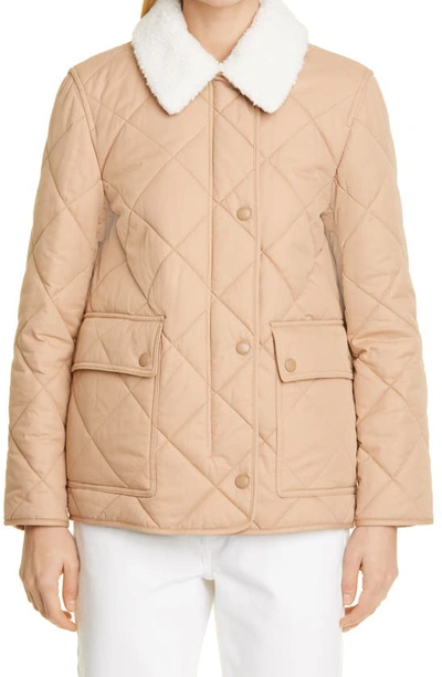 Shop Burberry Kemptown Quilted Gabardine Coat With Removable Faux Shearling Collar In Camel