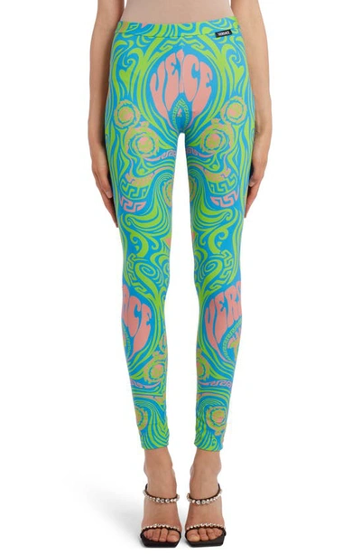 Shop Versace Medusa Music Leggings In Neon Green Sky