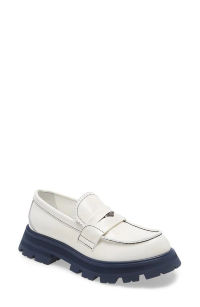 Shop Alexander Mcqueen Tread Penny Loafer In Bone/ Navy/ Silver