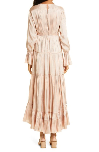 Shop Cinq À Sept Nina Satin Tiered Long Sleeve Maxi Dress In Travertine