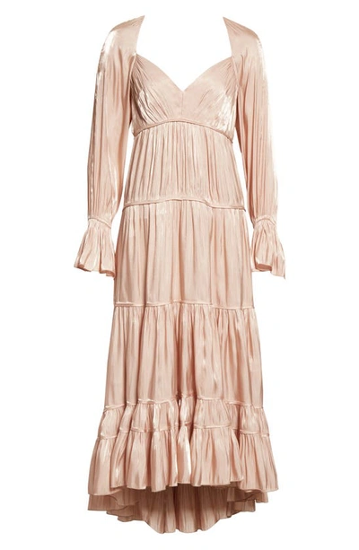 Shop Cinq À Sept Nina Satin Tiered Long Sleeve Maxi Dress In Travertine