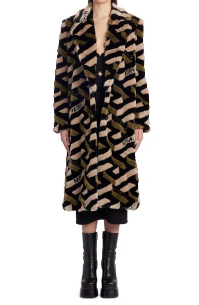 Shop Versace La Greca Monogram Faux Fur Coat In Black Khaky