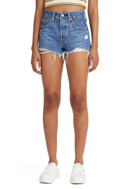 501 high rise medium wash outlet distressed denim cutoff shorts