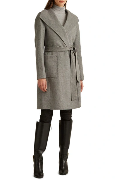Ralph Lauren Double Face Wool Blend Wrap Coat In Pale Grey