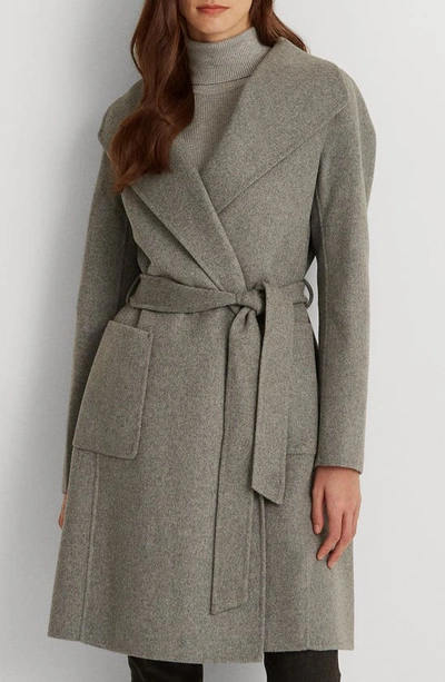 Ralph Lauren Double Face Wool Blend Wrap Coat In Pale Grey