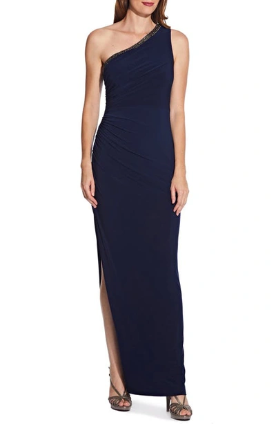 Shop Adrianna Papell One-shoulder Jersey Gown In Midnight