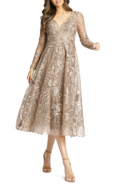 Shop Mac Duggal Floral Embroidered Sequin Midi Gown In Vintage Gold