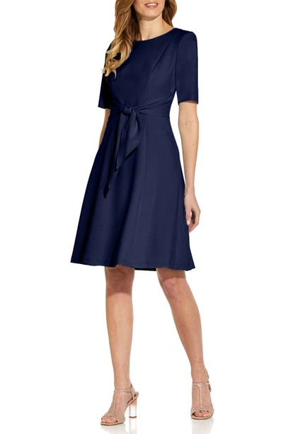 Shop Adrianna Papell Tie Front Fit & Flare Crepe Dress In Navy Sateen