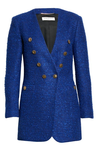 Shop Saint Laurent Double Breasted Wool Blend Tweed Blazer In 4250 Bleu Indigo