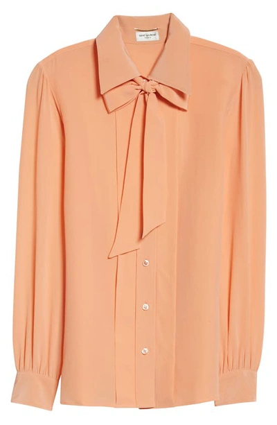 Shop Saint Laurent Tie Neck Silk Crêpe De Chine Blouse In Peche