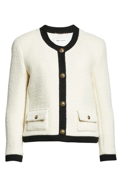 Shop Saint Laurent Contrast Trim Wool Tweed Jacket In Ivoire