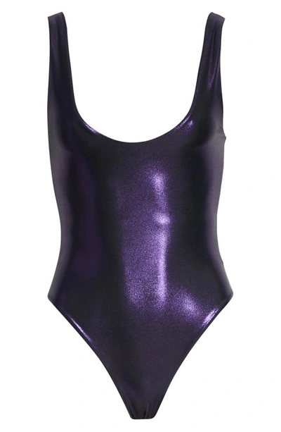 Shop Saint Laurent Lamé Jersey Bodysuit In 5103 Purple