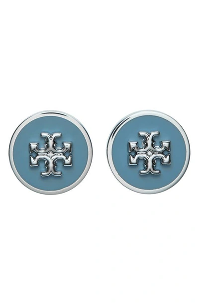 Shop Tory Burch Kira Enamel Circle Stud Earrings In Tory Silver/ Lanai Blue