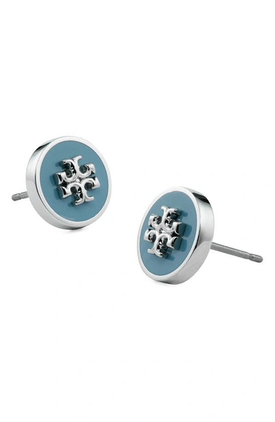 Shop Tory Burch Kira Enamel Circle Stud Earrings In Tory Silver/ Lanai Blue